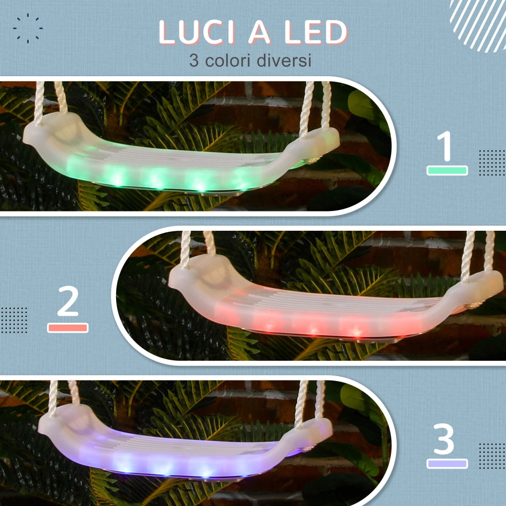 Altalena per Bambini 9-36 Mesi in Plastica PP e PE per Interni ed Esterni con Corda Regolabile e Luci LED, 39x16.5x120-180 cm, Bianco