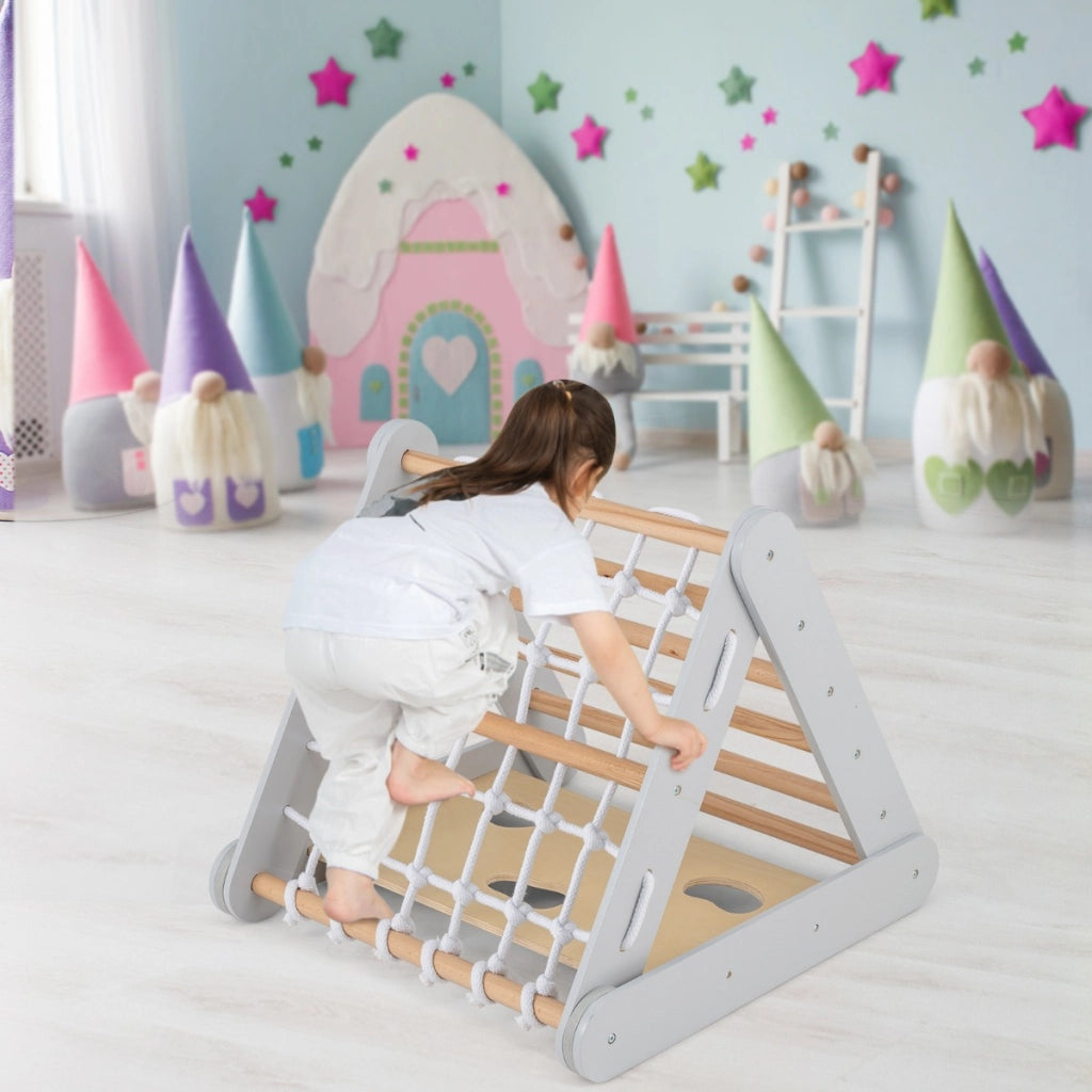 Arrampicata in legno per bambini 4-in-1 con scivolo, Arrampicata a triangolo per interni con rete Grigio-Arrampicate e scivoli