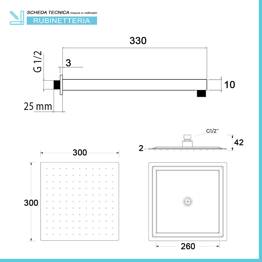 Set doccia soffione quadrato 30x30cm in acciaio inox e braccio 30cm nero opaco