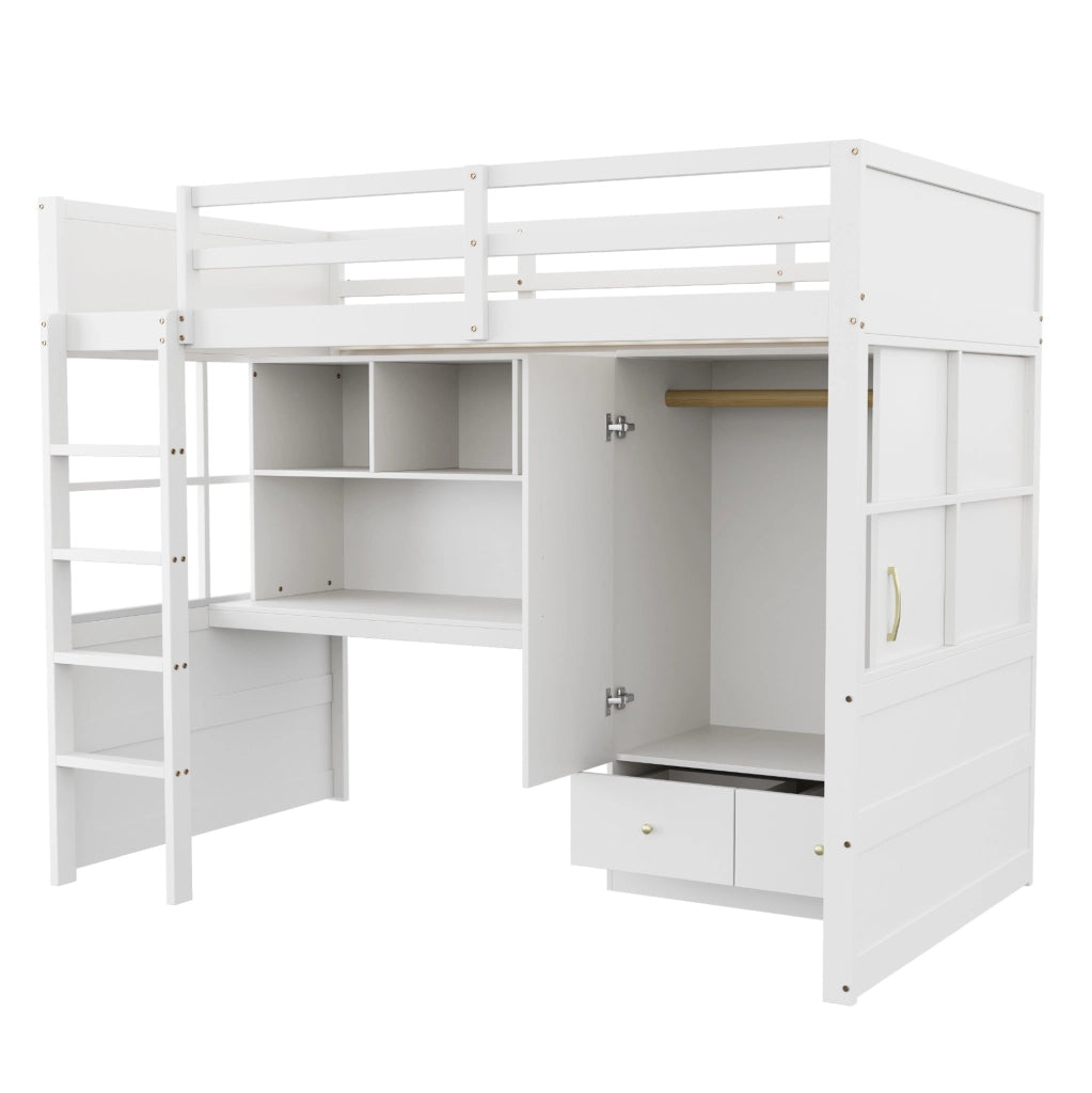 Letto a soppalco 90x200 cm con scrivania; armadio e cassetti in pino; MDF; bianco