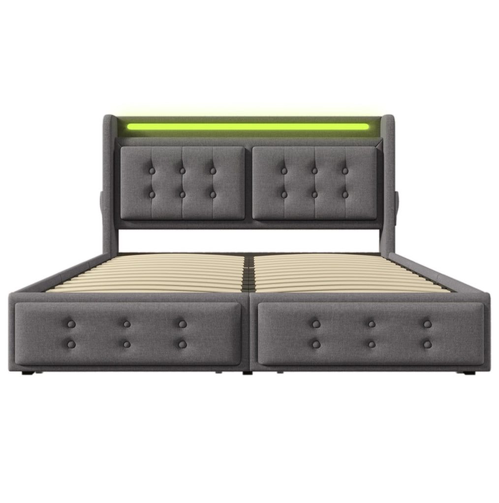 Letto matrimoniale imbottito 140x200 cm in cotone e lino grigio con LED e USB