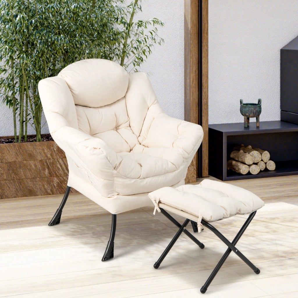 Poltrona pigra con cuscino braccioli tasca laterale poggiapiedi, Poltrona da lettura moderna Beige-Sedie e poltrone