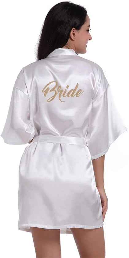 Kimono per la sposa con glitter dorato, cintura per il matrimonio, abito da sposa (S, bianco - sposa)