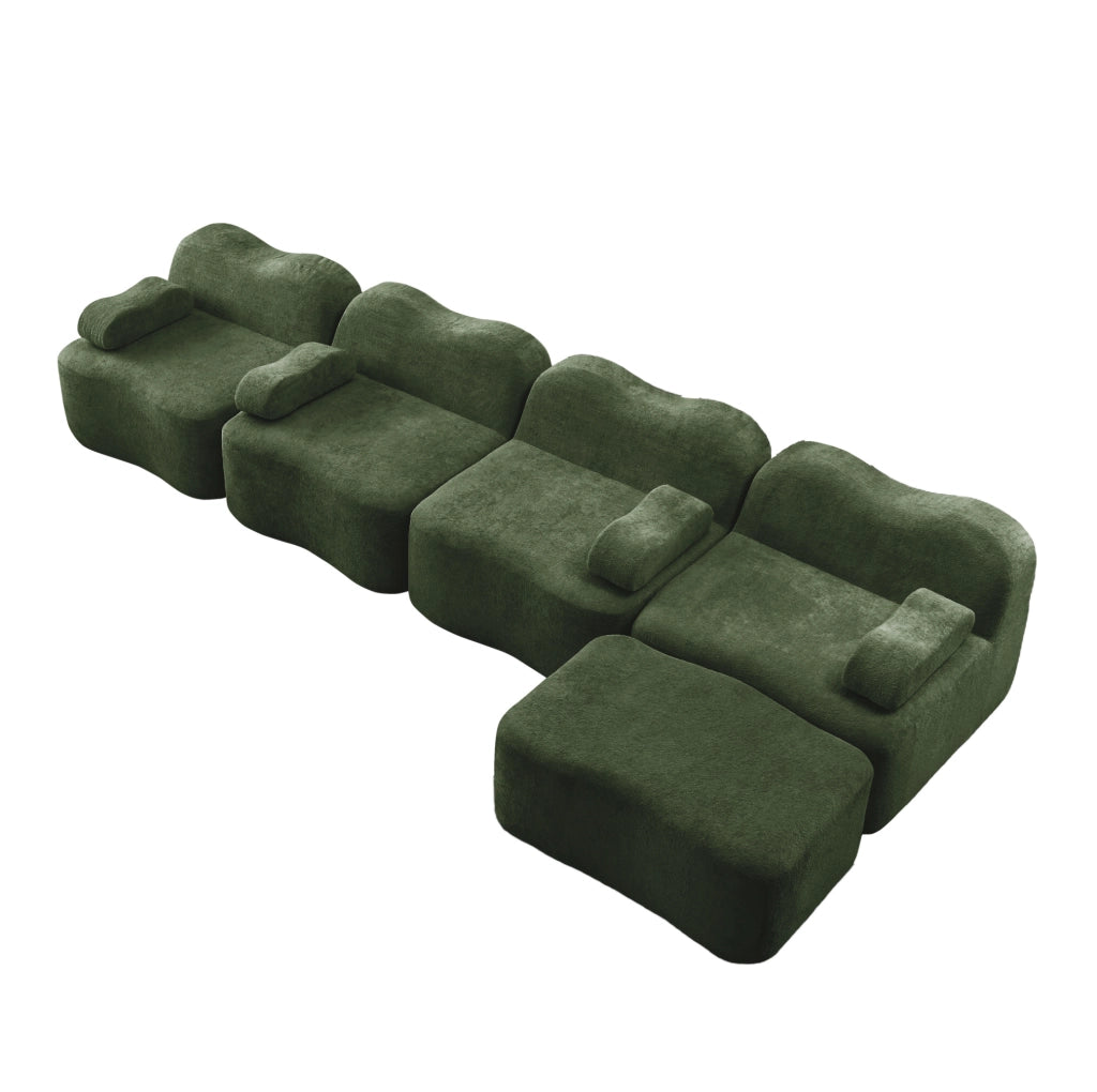 Divano angolare modulare senza struttura con pouf collegabile; velluto verde