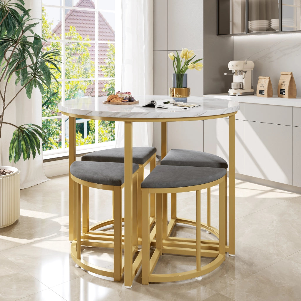 Tavolo da pranzo rotondo per 4 persone con 4 sedie, in MDF e metallo dorato, bianco e grigio, 80 × 80 × 75 cm