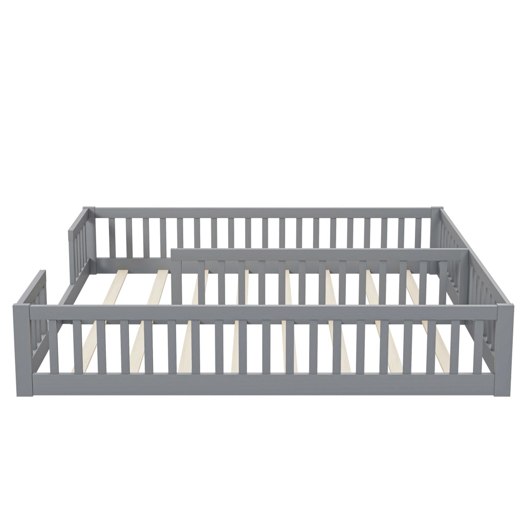 Letto per bambini 90×200 cm; letto basso con sponda; senza materasso; in pino e MDF; per 2 bambini; grigio