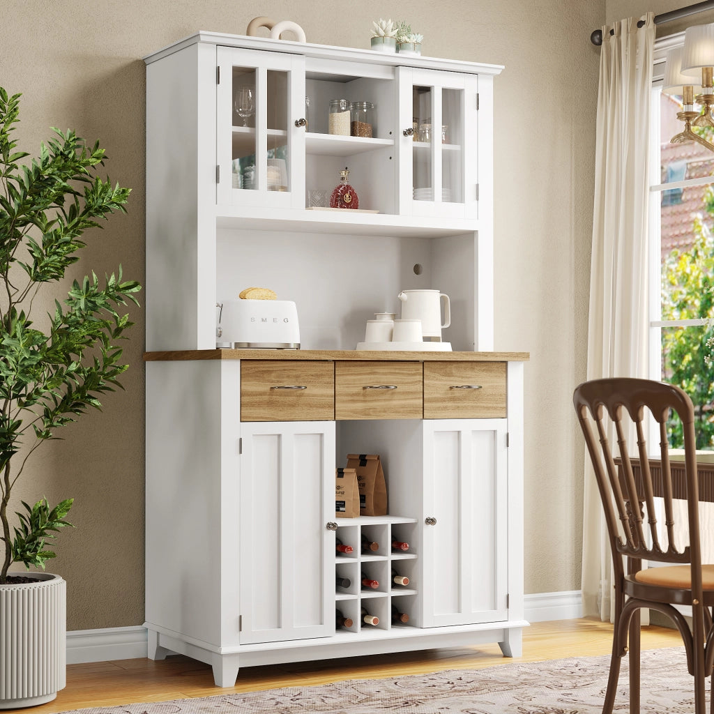 Buffet con Vetrina e LED ¨C MINIMAL ¨C Legno, Ripiani Regolabili, Cassetti