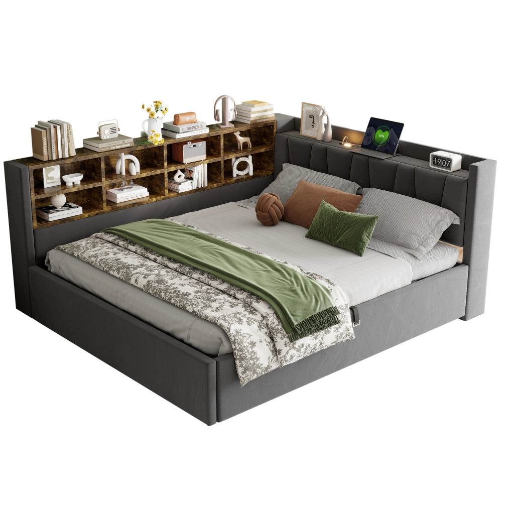 Divano letto imbottito 140x200 cm in velluto grigio con stoccaggio idraulico; USB e Type-C