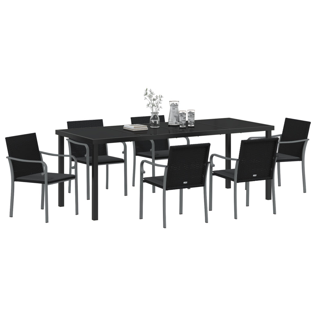 Set da pranzo per il giardino in 7 pezzi con cuscini in polyrattan neri