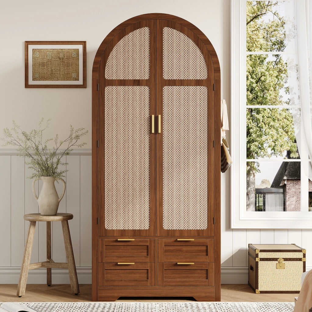 Armadio con ante curve in rattan e cassetto, asta appendiabiti, per camera da letto e ingresso, MDF, noce, 80 × 50 × 179 cm