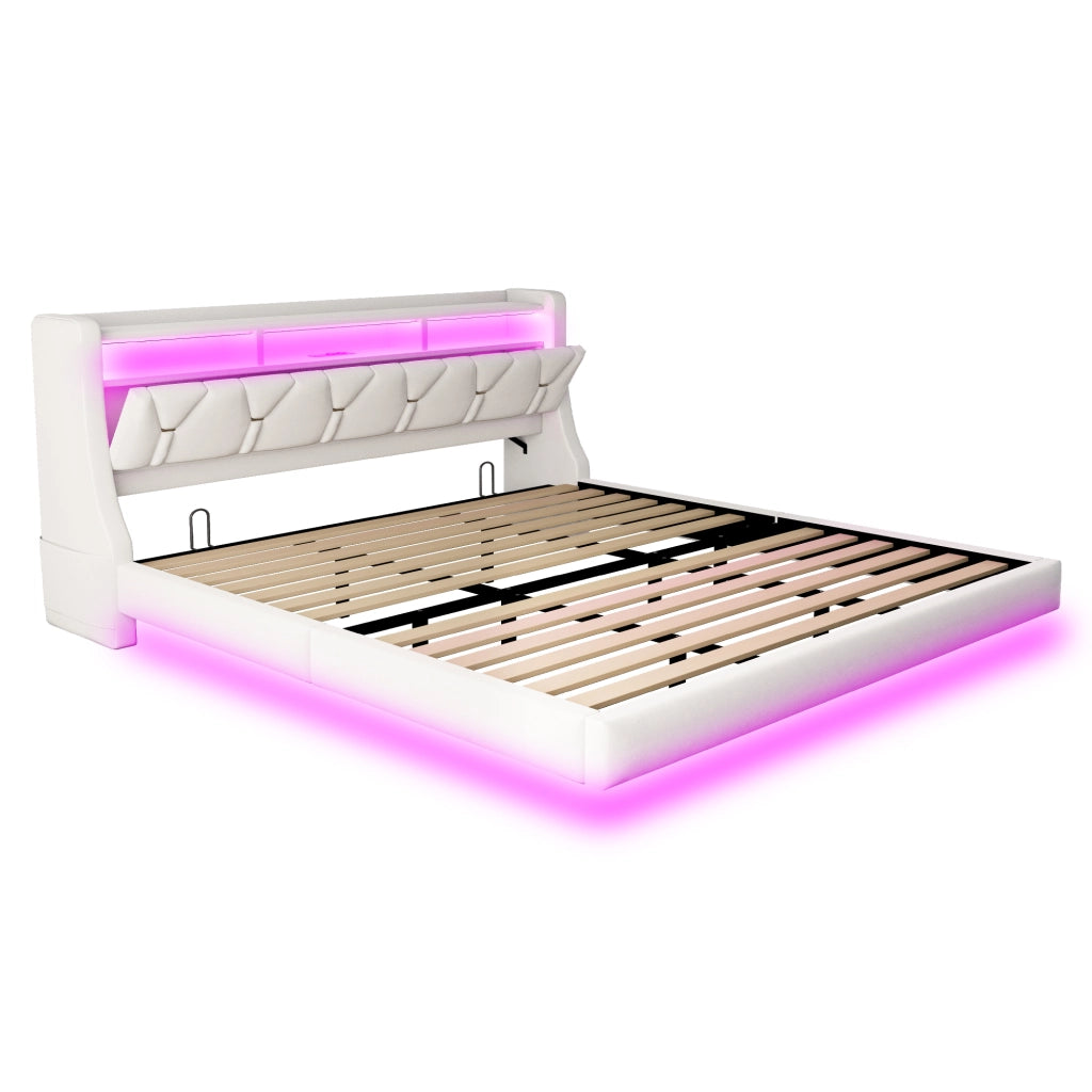 Letto imbottito 180x200 cm con testiera ribaltabile; presa USB e Type-C; LED; velluto beige
