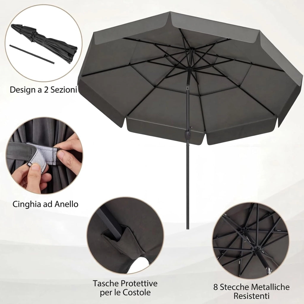 Ombrellone da Giardino 300 cm, con Regolazione Inclinazione, Manovella e 8 Stecche, Anti-UV, Tettuccio Ventilato a 3 Livelli (Grigio, 0 Luce)