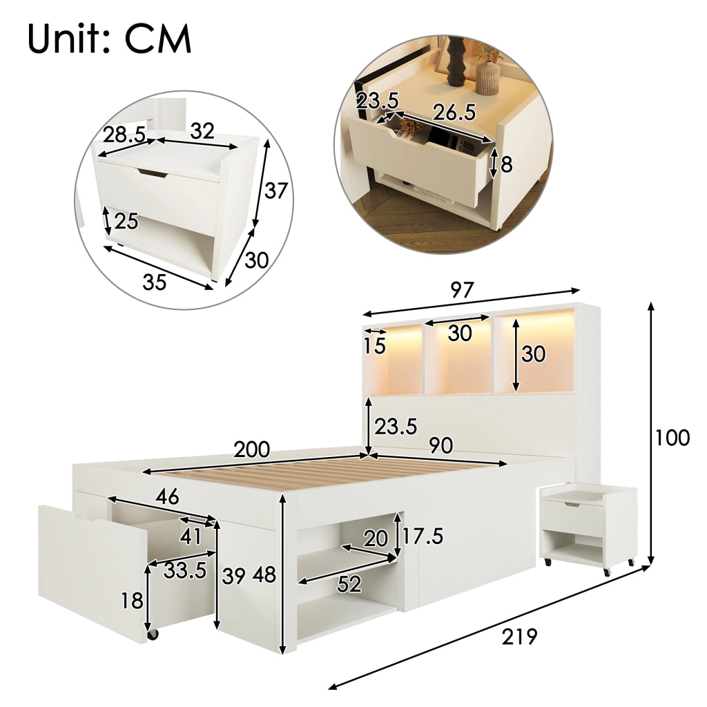 Letto funzionale 90x200 cm Bianco - Zephmum - Con ripostiglio, comodino mobile, LED, USB-C, cassetti