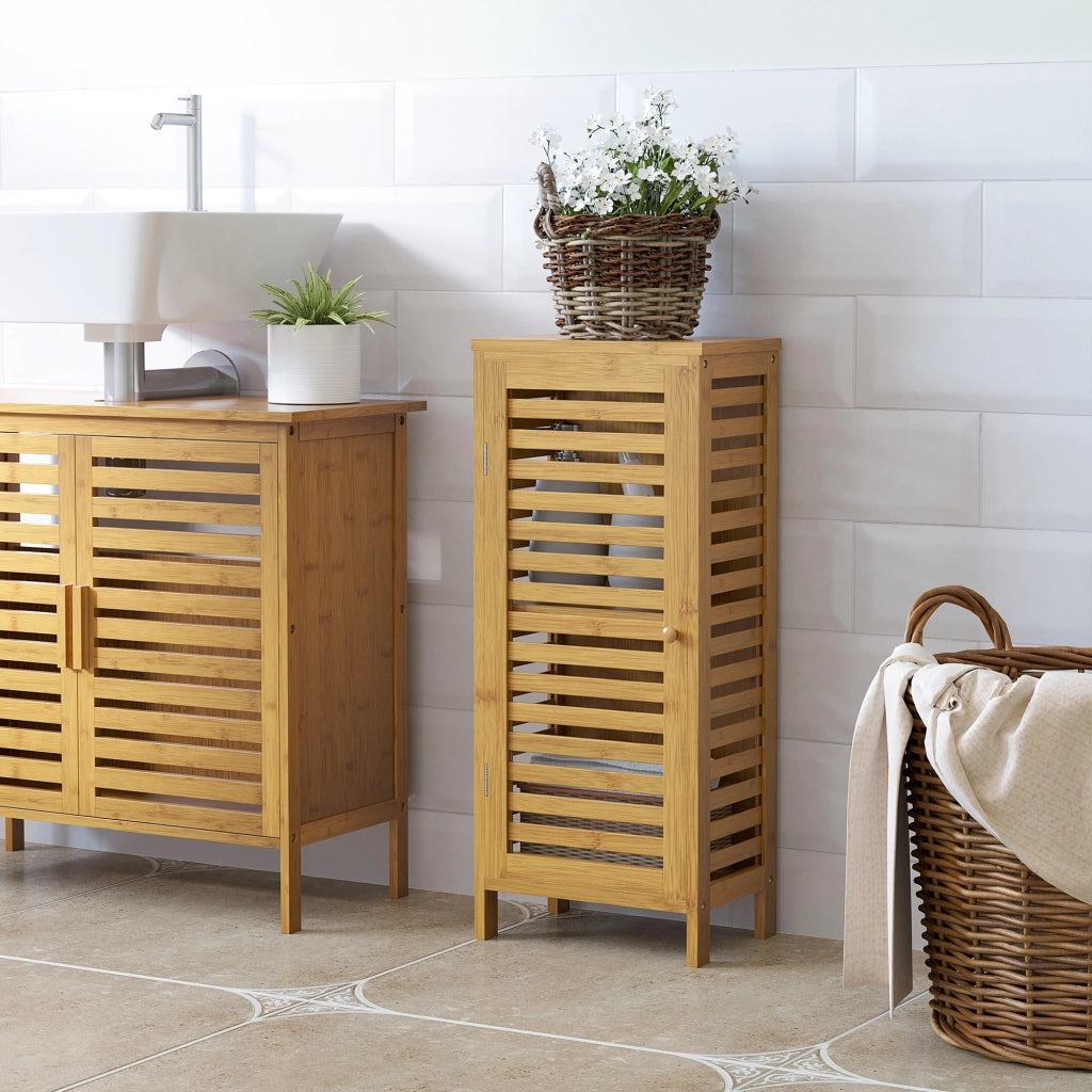 Armadietto Bagno con Ante Lamellate, Ripiano Regolabile, Bamb¨´ Naturale ¨C zephmum ¨C 30x19,9x70 cm
