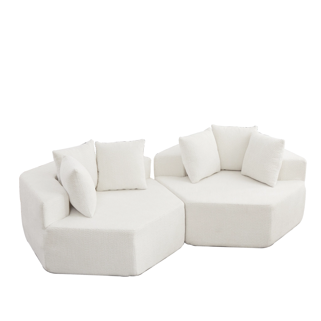 Poltrona lounge modulare esagonale in ciniglia beige con 3 cuscini