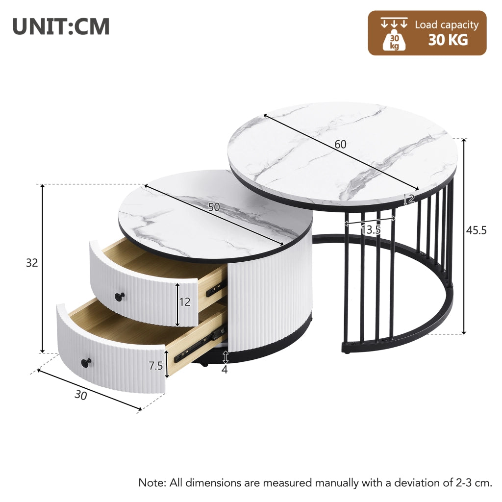 Tavolini da salotto rotondi impilabili con 2 cassetti; finitura lucida effetto marmo; in MDF bianco e nero