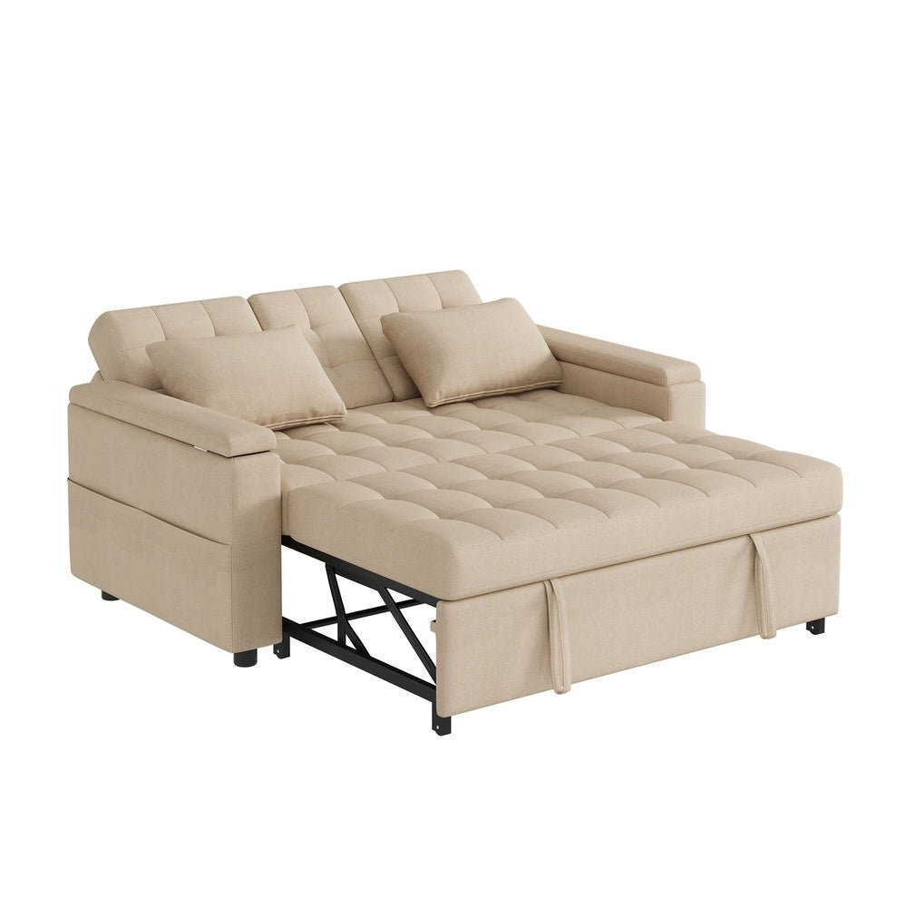 Divano letto estraibile 2 posti con contenitore ¨C Minimal ¨C Beige in tessuto con cuscini