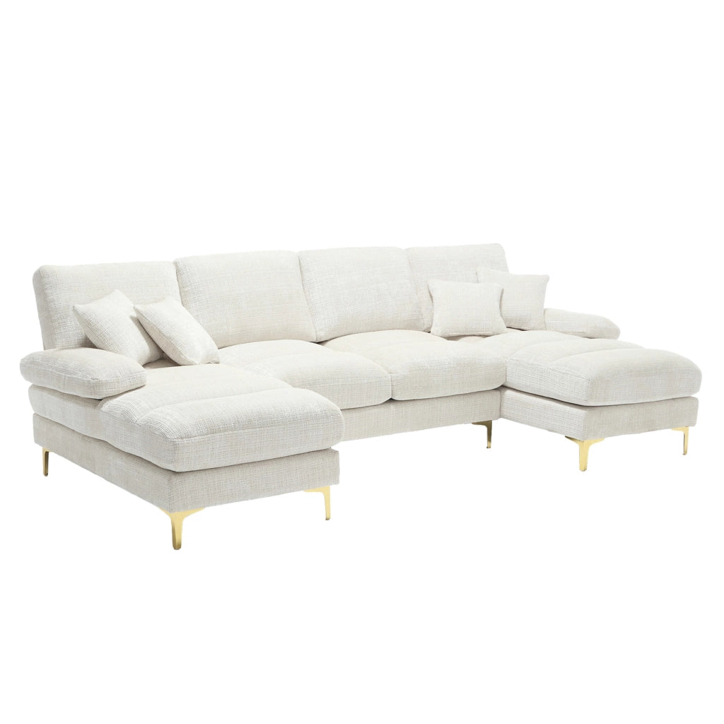 OKWISH Divano Panoramico a U, Doppia Chaise Longue con Cuscini Schienale e Piedi in Metallo, Ciniglia Beige 272 × 136 × 88 cm