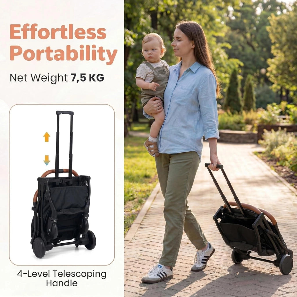 Passeggino Leggero per Bambini e Neonati, Passeggino Pieghevole e Portatile con Ruote, Schienale Regolabile, Tettuccio, Cintura di Sicurezza, Cesto e Copertura Antipioggia (Grigio)