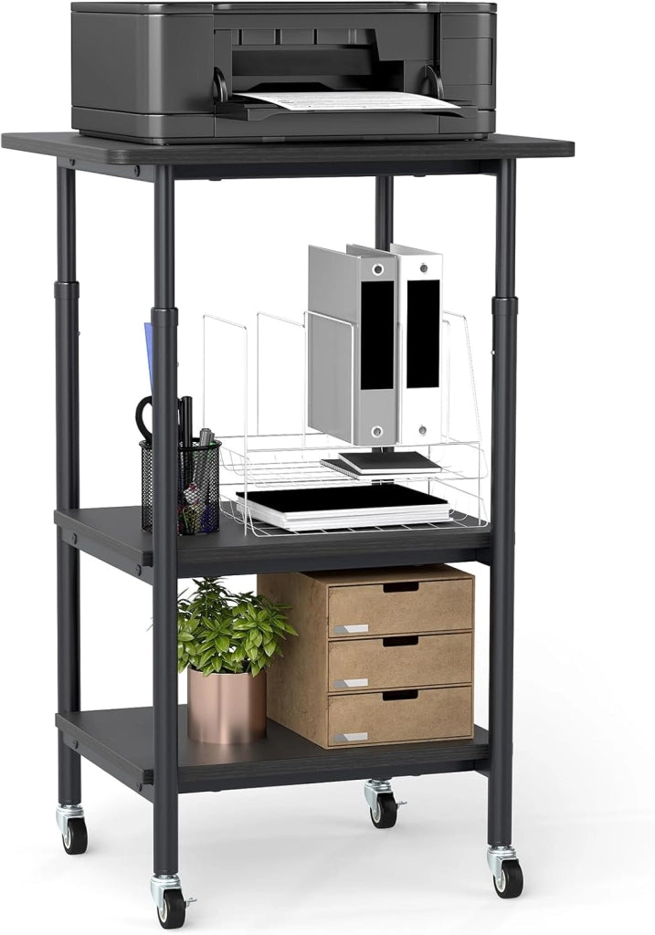 Supporto per Stampante, Carrello Stampante a 3 Livelli con Ripiani di Stoccaggio e Ruote con Blocco, Altezza Regolabile, per Stampante 3D Scanner Fax, 49 x 40 x 65/77 cm (Nero)