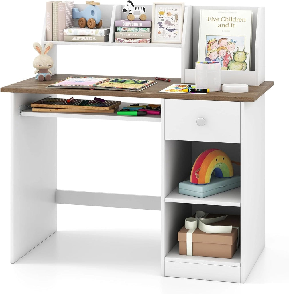 Scrivania per Bambini 3-6 Anni, Tavolo in Legno con Vassoio per Tastiera e Cassetto, Libreria Laterale e Mensole Superiori e Ampio Piano del Tavolo, Ideale per Cameretta (Grigio)