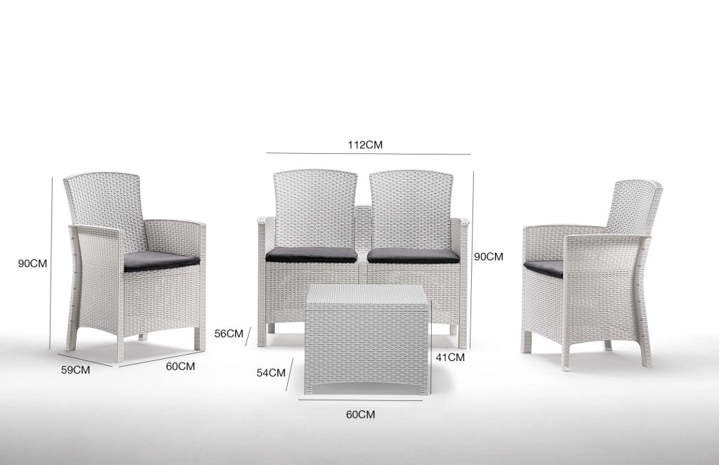 Salottino da esterno Asiak, Set da giardino con cuscini, Salottino  effetto rattan, 100% Made in Italy colore Bianco