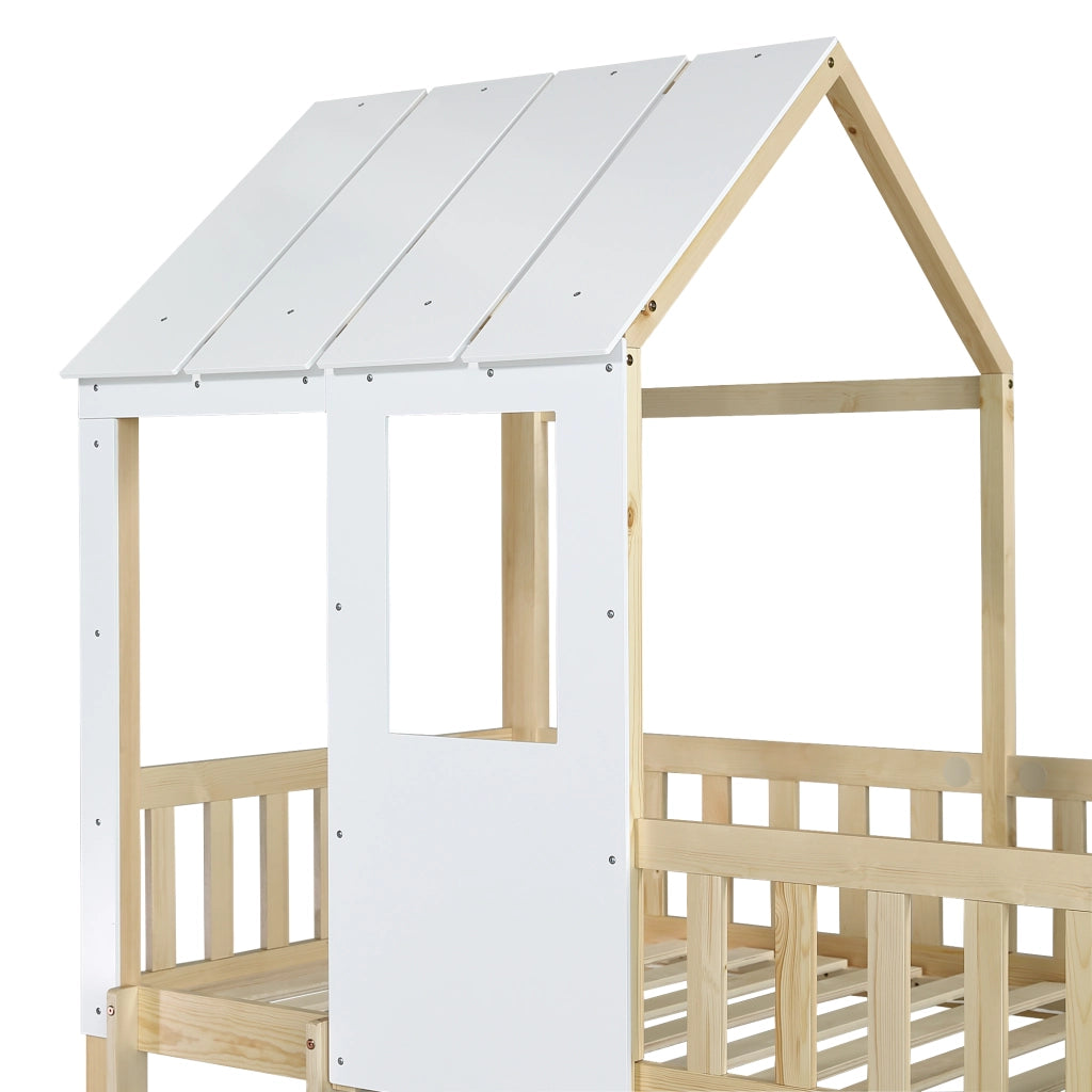 LETTO A CASTELLO con scivolo, tetto e finestra 90x200 cm legno naturale/bianco
