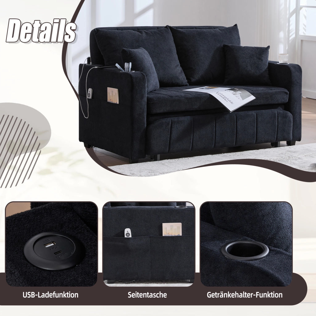 Divano Letto 2 Posti con USB; Portabicchieri; Tasca Laterale; 4 Cuscini in Chenille Nero
