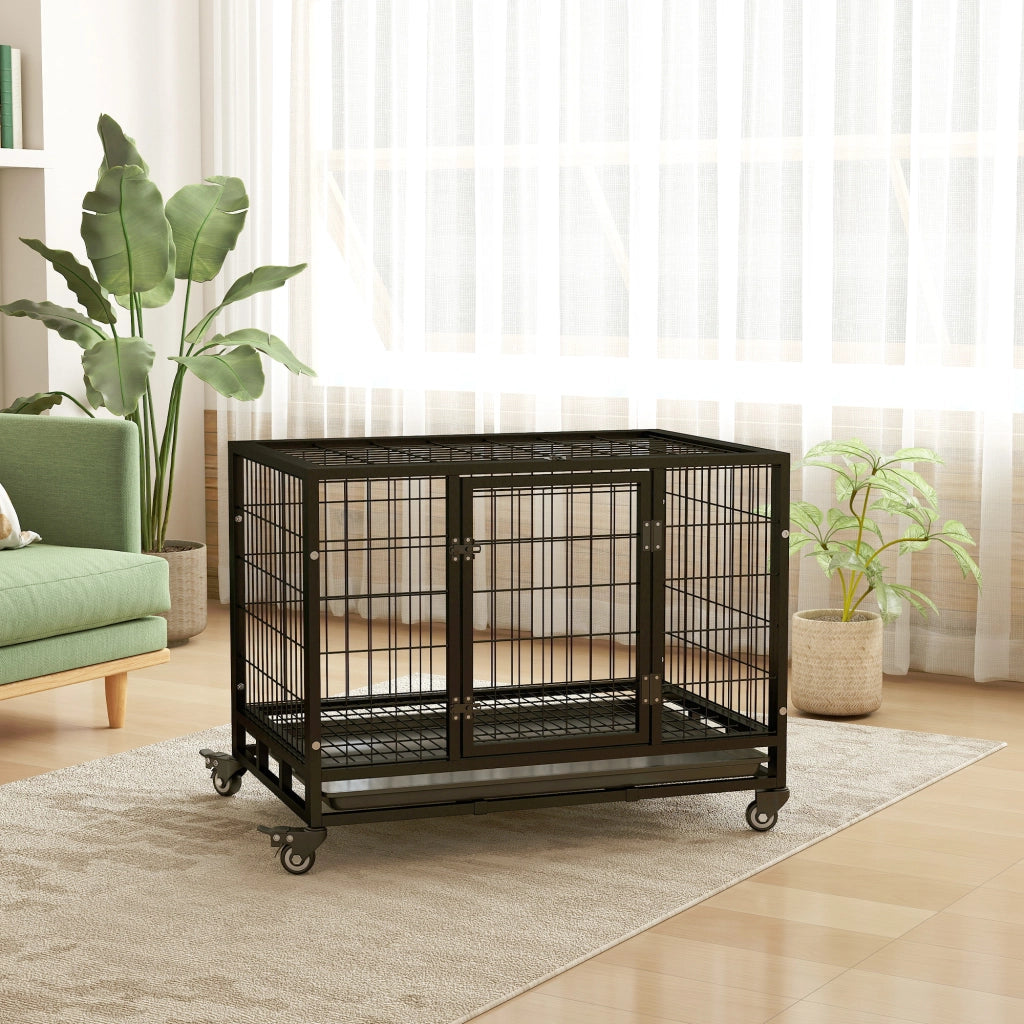 Gabbia per Cani in Metallo con Ruote e Freni ¨C Xylo ¨C Vassoio Estraibile 92x62x75 cm Nero