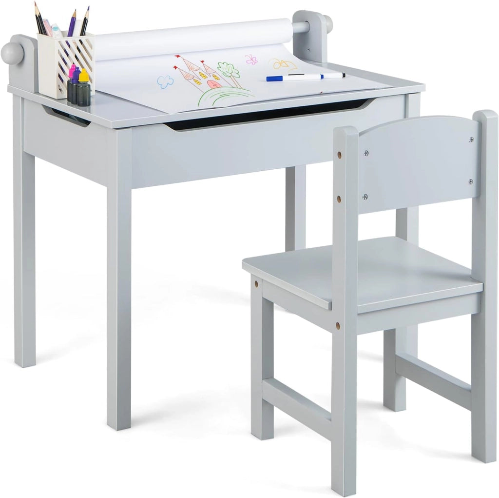 Set Tavolo e Sedia d’Arte per Bambini 3+ Anni, Scrivania in Legno di Pino da Disegno con Portarotolo, Piano Ribaltabile & Vano Portaoggetti, Rotolo di Carta 10m e 2 Pennarelli (Bianco)