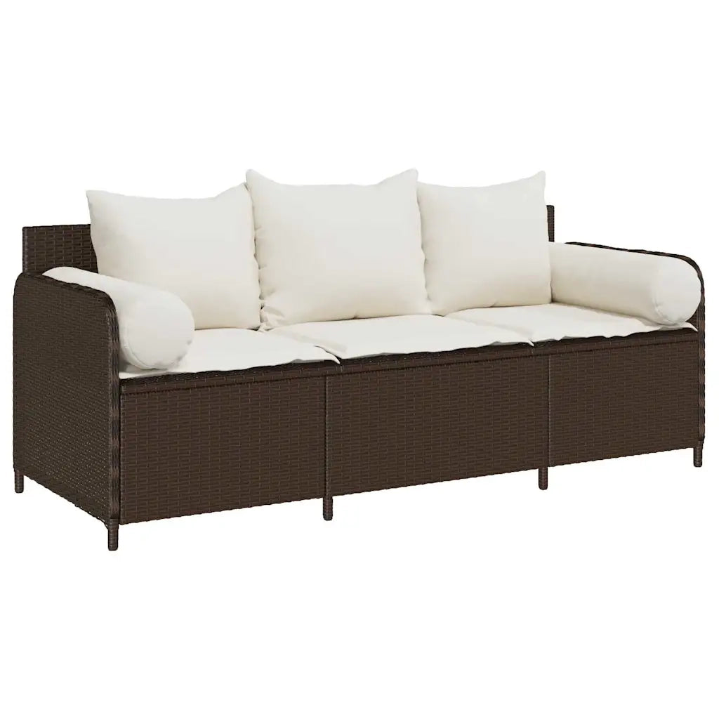 Divano da Giardino a 3 Posti con Cuscini in Polyrattan Marrone