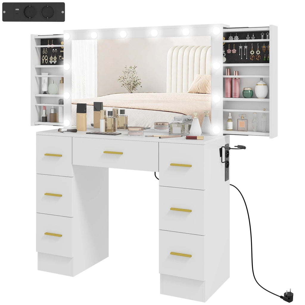 Tavolo da trucco con specchio e 12 luci LED, cassettiera con 7 cassetti e 6 scomparti nascosti ¨C zephmum ¨C Bianco