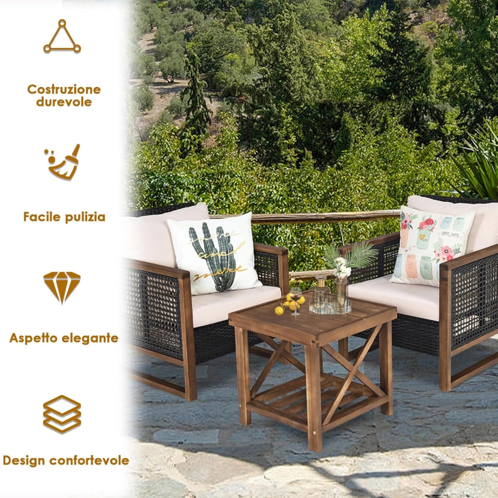 Set di 3 Pezzi di Mobili da Patio, 1 Tavolino in Legno di Acacia e 2 Sedie in Rattan PE, con Cuscini Lavabili, Set di Divani per Giardino Cortile Piscina Portico