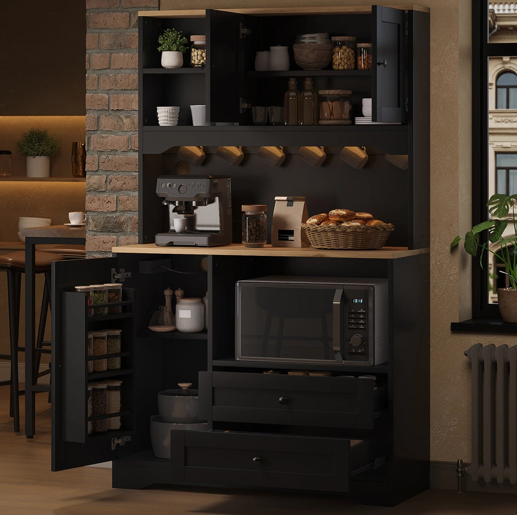 Credenza cucina nera 100×40×163 cm con LED, presa USB e vano microonde
