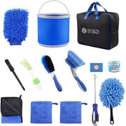 Set di pulizia autoguida con borsa di stoccaggio, 13 prodotti di pulizia per esterno e interno, secchio pieghevole, spazzola per ruote corta, guanto di pulizia a microfibra, asciugamano e spazzola per pulizia autoguida (blu)