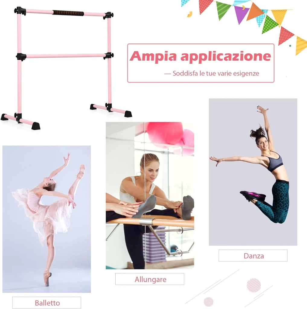 Sbarra da Balletto Doppia in Metallo, Portatile e Regolabile in Altezza con Cuscinetti Antiscivolo e Base Girevole, Ideale per Allenamento Stretch, Carico Massimo 50 kg