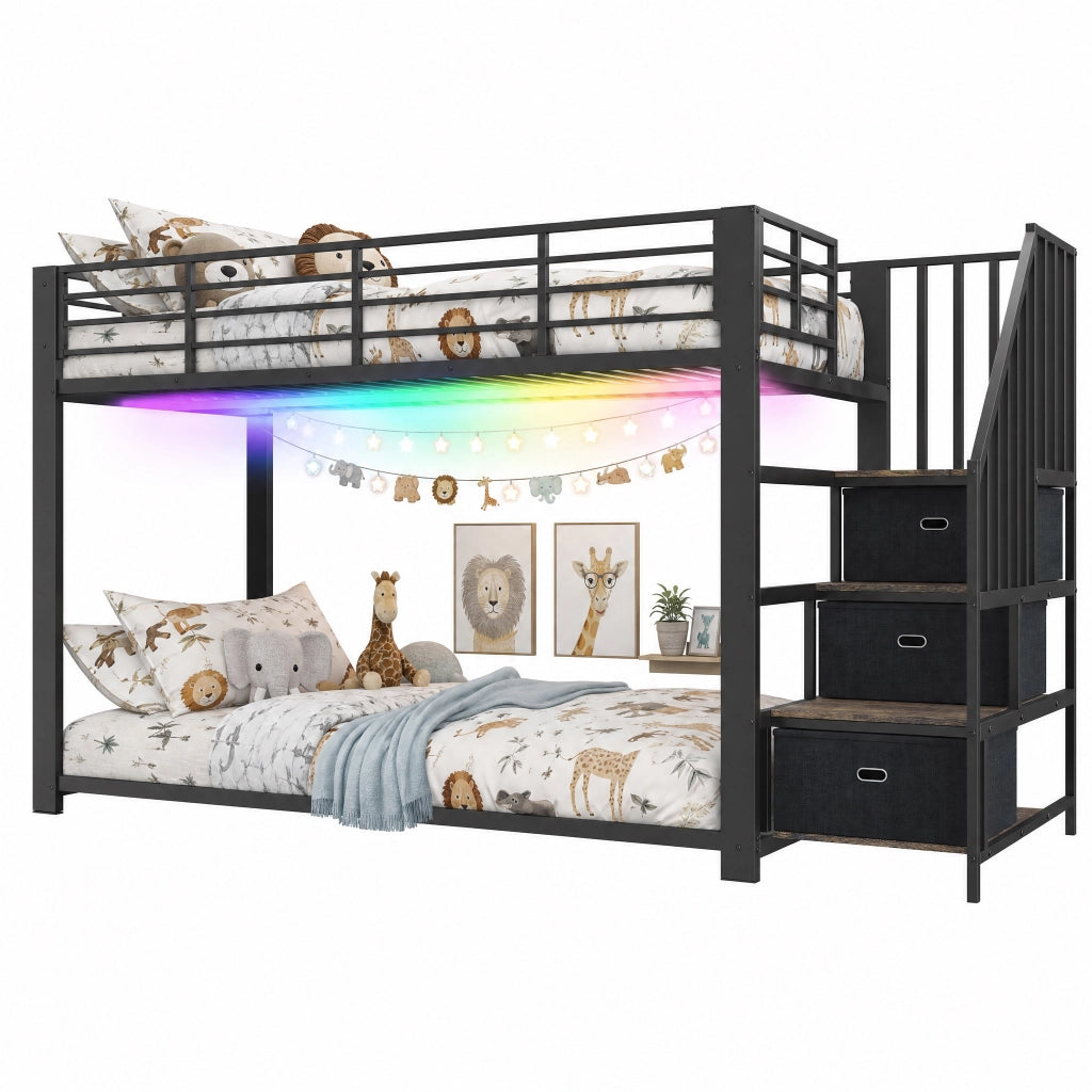 Letto a castello 90x200 cm con scala contenitore; LED e prese in MDF e metallo nero