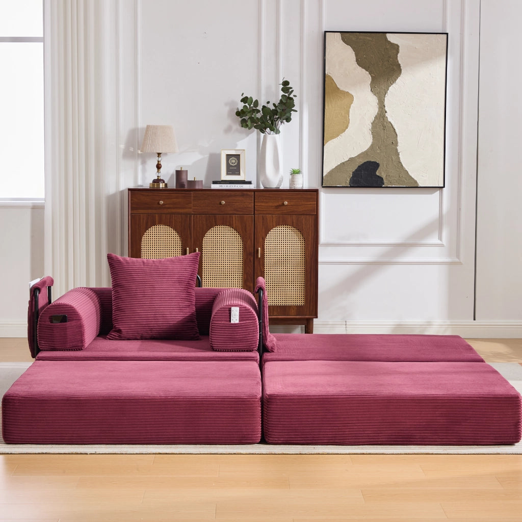 Divano modulare in velluto a coste con cuscino e tasca laterale ergonomico, rosso vino 112 × 190 × 67 cm