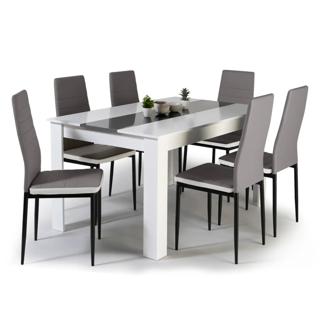 IDMarket - Tavolo da pranzo GEORGIA 140 cm bianco e grigio e 6 sedie ROMANE grigie con bordo bianco