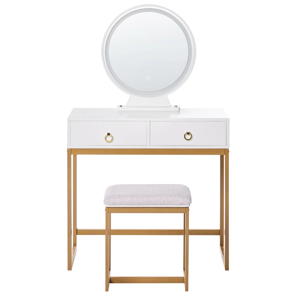 Toeletta con 4 cassetti specchio LED bianco e oro e sgabello camera da letto elegante