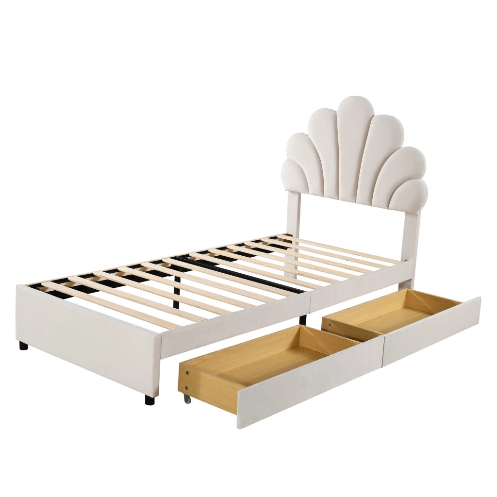 Letto per Bambini 90×200 cm con 2 Cassetti e Testiera Floreale; senza Materasso; Beige; Velluto