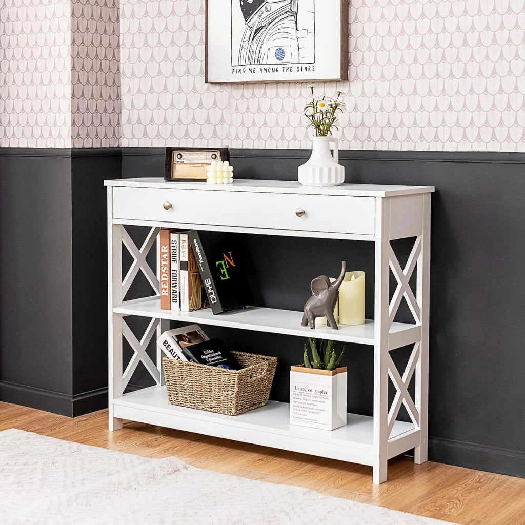 Tavolo Consolle da Divano, a 3 Ripiani, Cassetto con Manico, Salvaspazio per Soggiorno, Salotto, Ingresso, Portata di 75 kg (bianco)