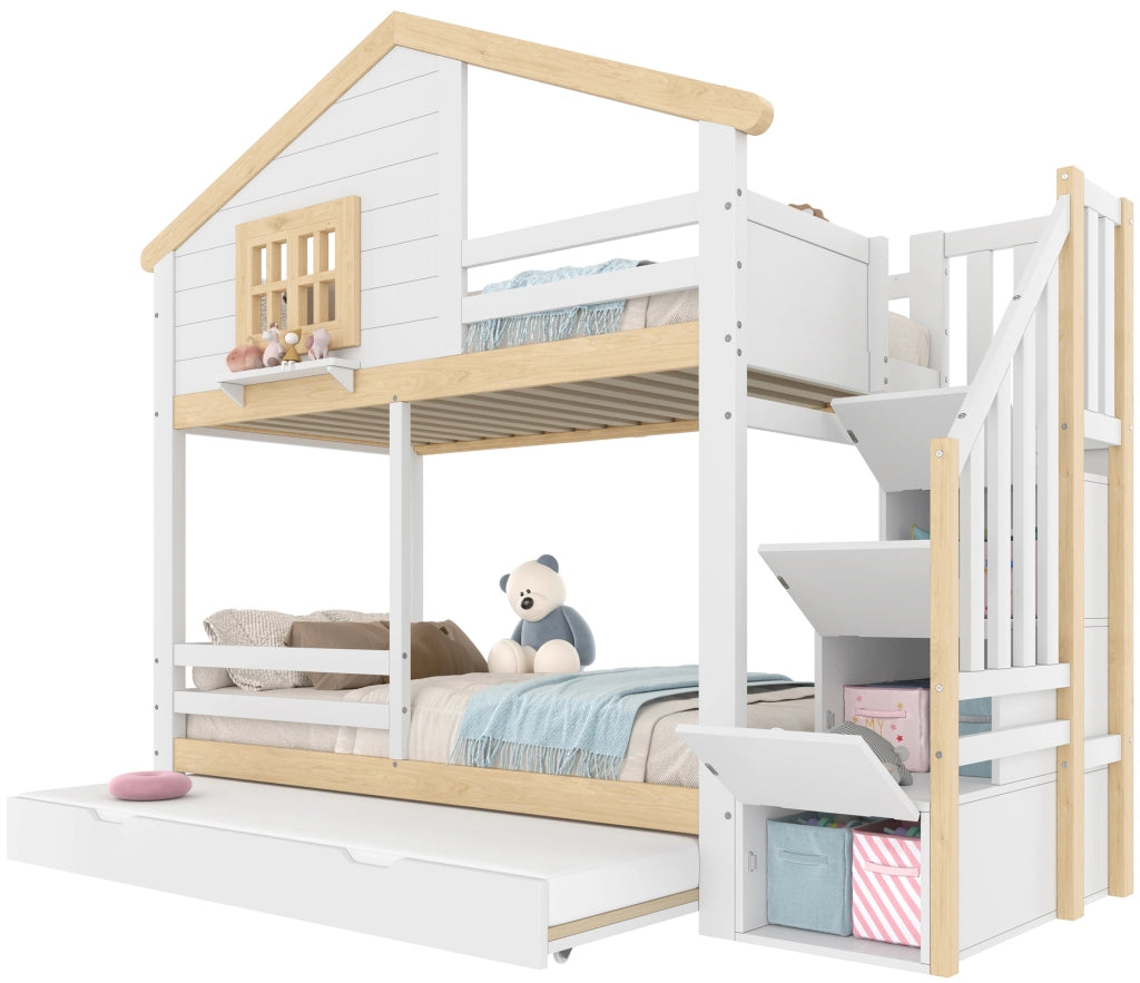 Letto a Castello 90x200 cm con Letto Estraibile; Sponde e Scala contenitore - Bianco