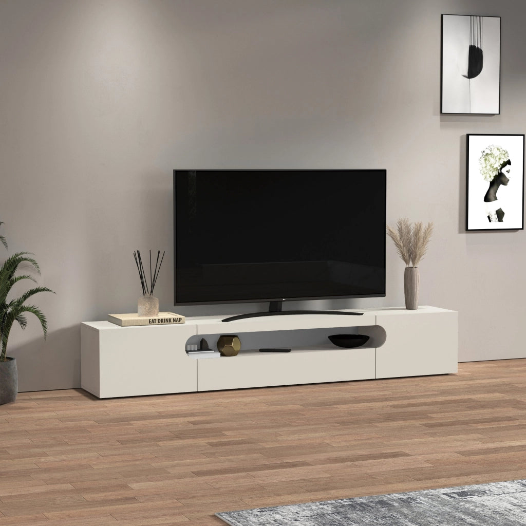 WHOUS Mobile porta TV Real con 2 ante laterali 1 ribalta e 1 vano aperto cashmere 240x40x40 cm