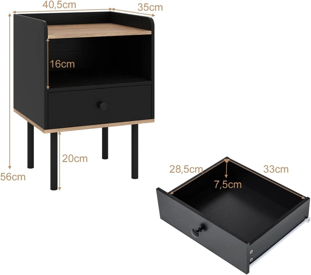 Comodino in Legno con Cassetto, Tavolino da Salotto con Ripiano Aperto, Comodino Moderno per Camera da letto, Soggiorno, Cameretta, 40,5 x 35 x 56 cm (1, Nero)