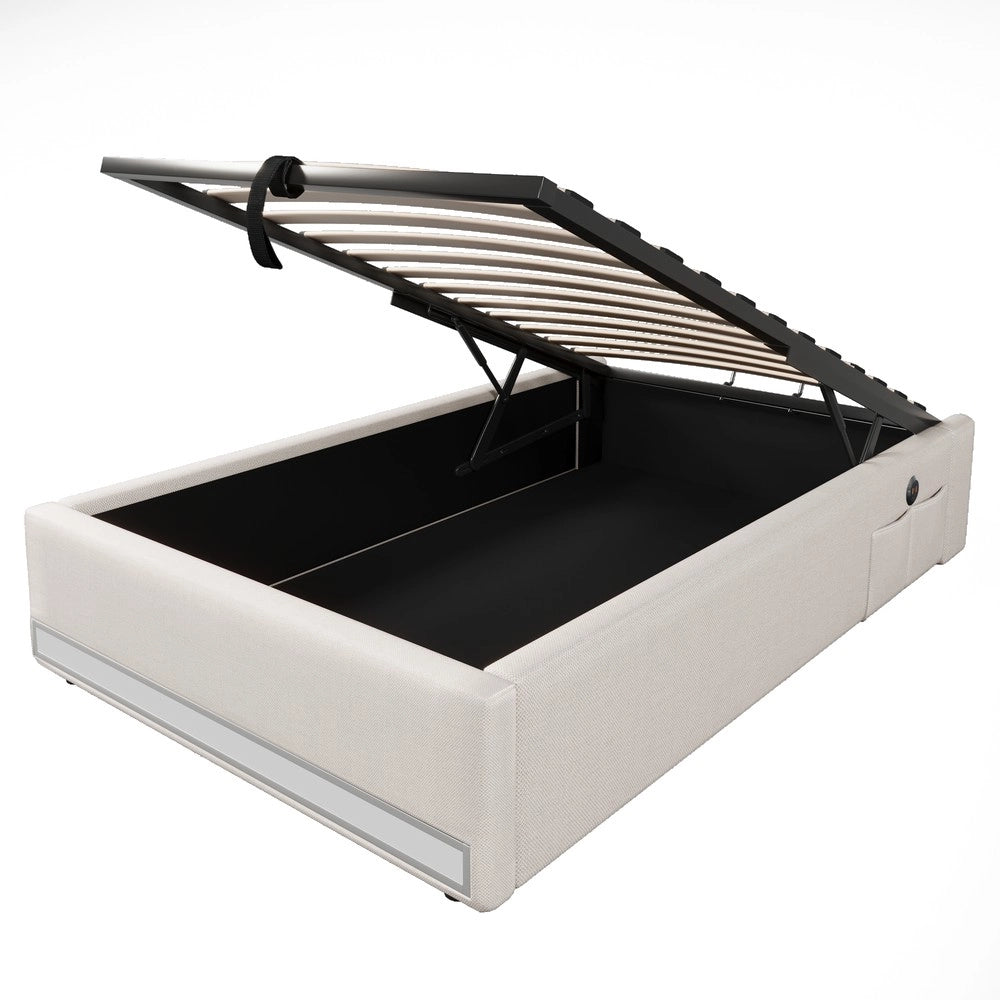 Letto Imbottito Contenitore con LED ¨C MINIMAL ¨C 90x200, Beige, Idraulico, USB