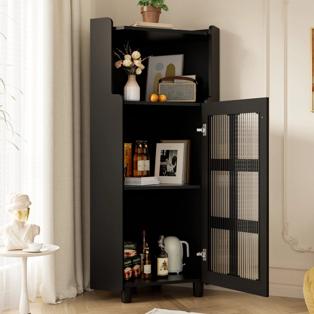 Mobile angolare con LED da app, vano aperto e vetrina a 2 livelli, per soggiorno e bagno, in MDF nero, 63.5 × 124 cm