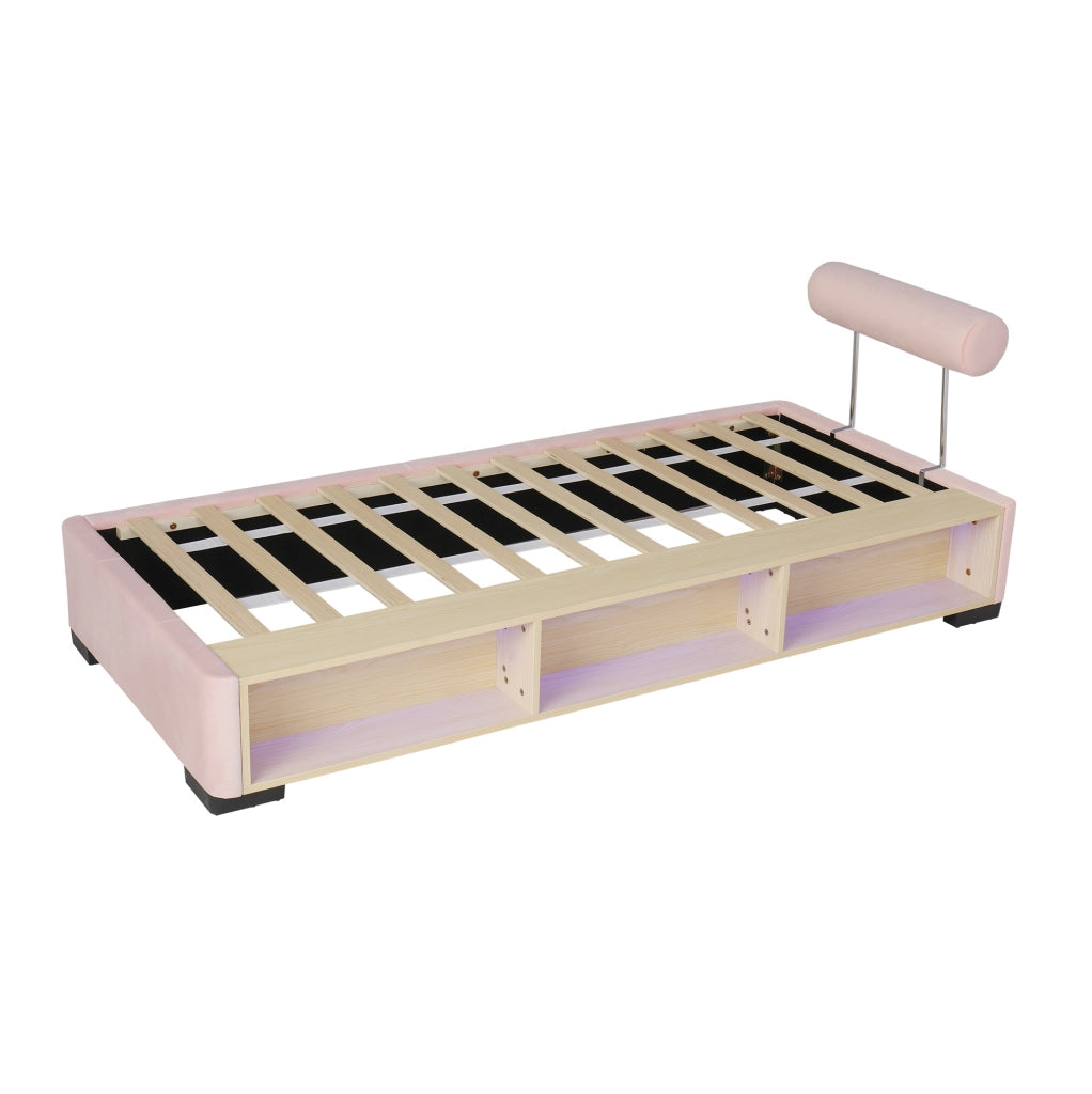 Letto imbottito 90x200 cm con libreria laterale LED e contenitore in velluto rosa