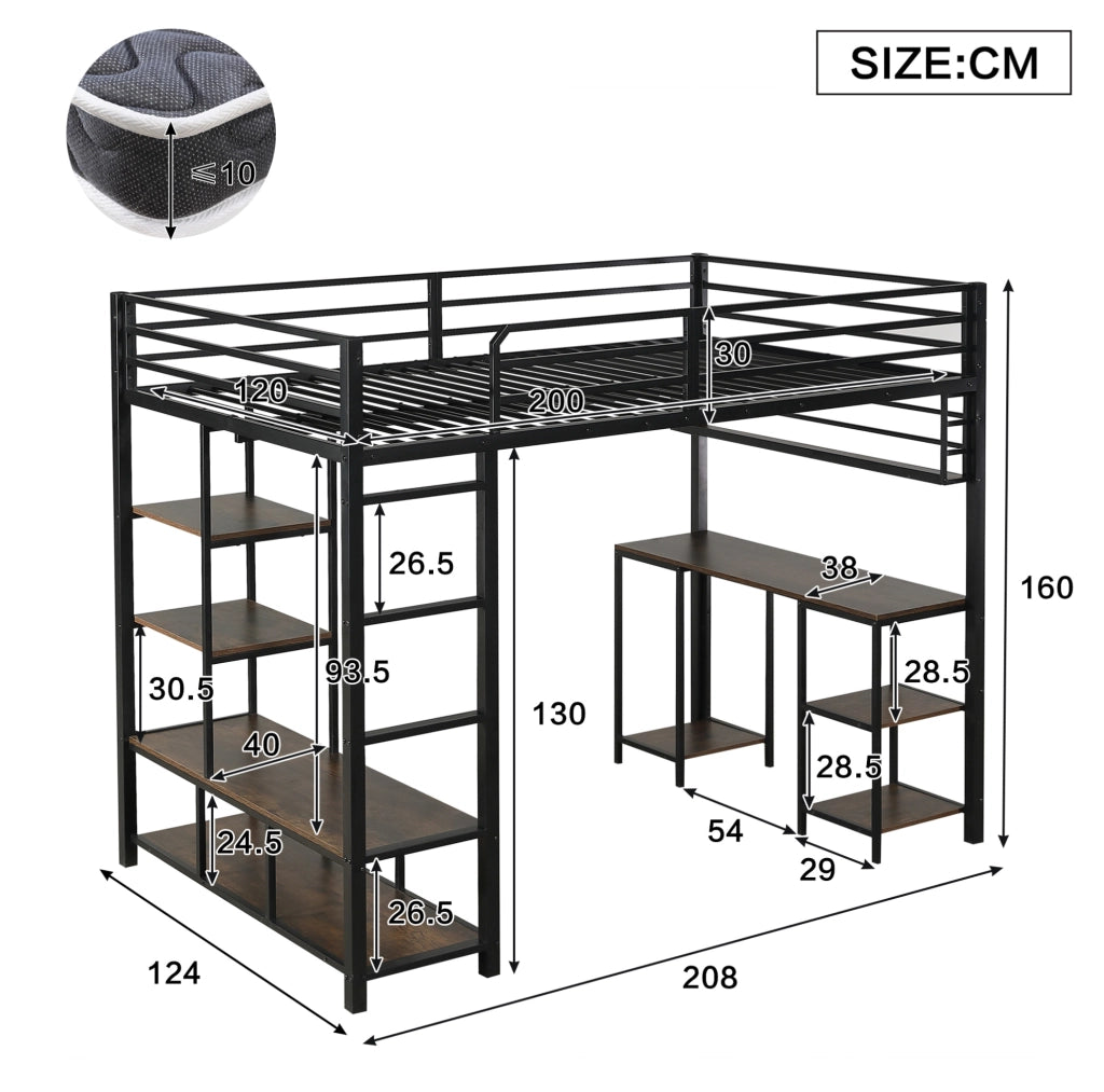 Letto a soppalco 120x200 cm con scrivania e ripiano; metallo e legno; nero e noce scuro
