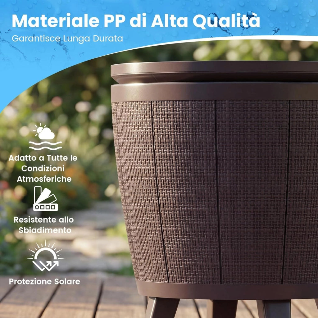 2 in 1 Tavolino Frigo 38L da Esterno, Secchiello Ghiaccio Regolabile in Altezza 49 x 59-84H cm, Tavolo Bar con Tappo di Drenaggio, per Piscina, Cortile e Campeggio (Marrone)